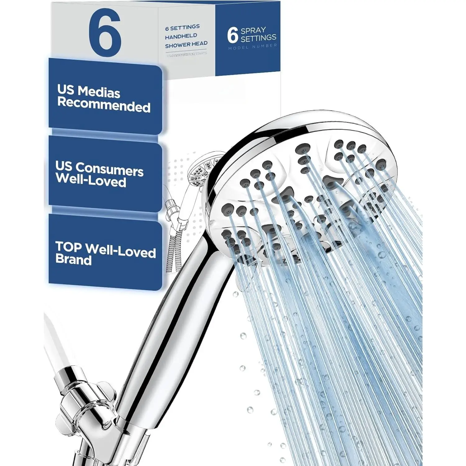 6-Mode High  Handheld Shower  Set, Consumer Reports Recommended  High Flow Hand Held Showerhead with 59 Inch Hose Bracket Teflon Tape Rubber Washers