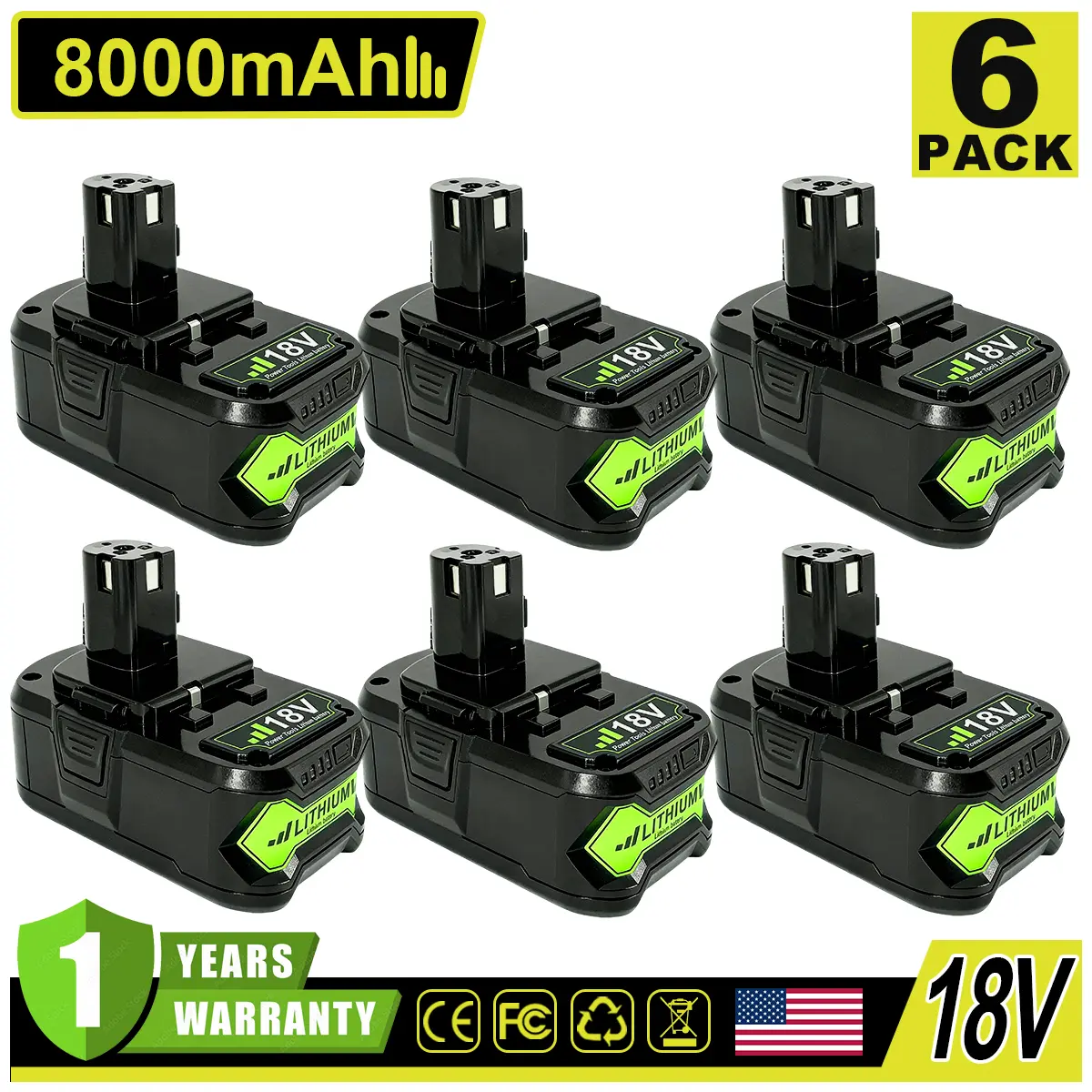6-PACK 18V 8.0Ah Lithium-Ion Batteries for Ryobi 1+ 18V Cordless Tools, Compatible with P107 P108 P109 P122 P190 P197, 8000mAh Extended Runtime, for Leaf Blowers, Fast Shipping, 30-Day Money-Back Guarantee