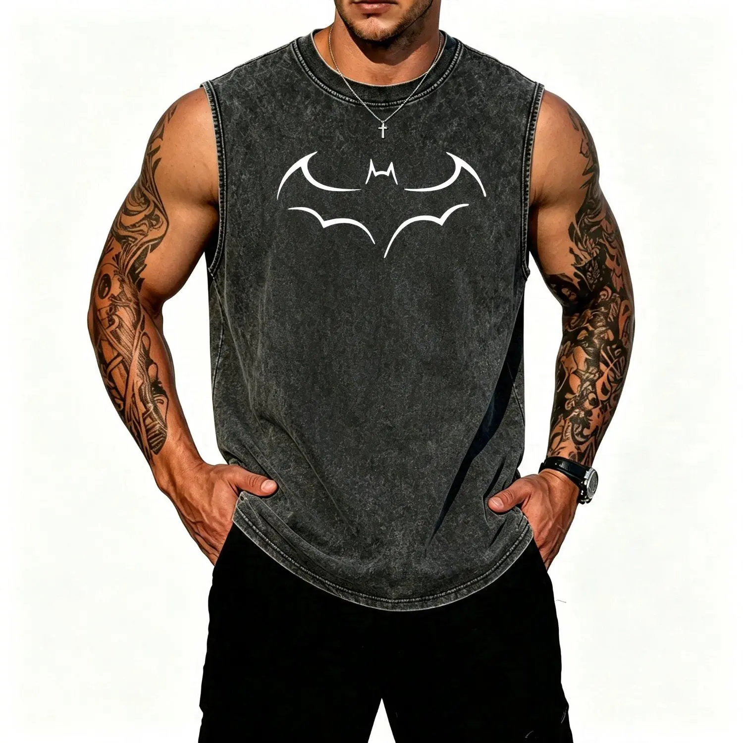 2024 Menswear Tops, Large Loose Bat-Print Sleeveless Summer Casual Black Trendy Outerwear Vest