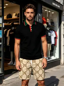Men's Retro Letter Print Polo Set, Collar Short Sleeve Tee + Floral Shorts, Casual Loose-Fitting Two-Piece Menswear