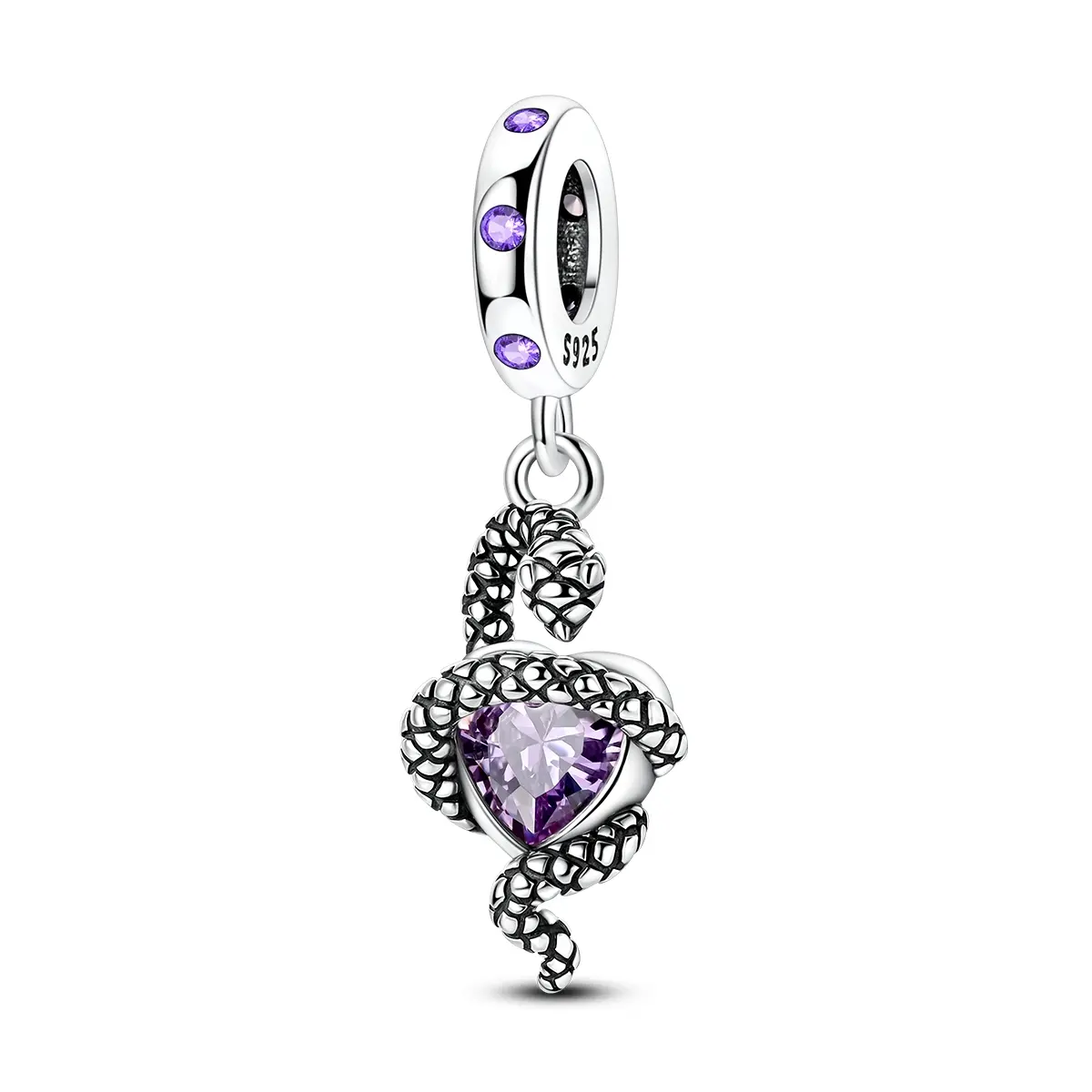 MULA Snake Heart Charm for Women, 925 Silver-Plated Animal Bead with Purple Zircon, Hypoallergenic Universal Core fits Pandora Bracelets, Valentines Day Anniversary Gift, Animals, Heart Shaped Necklace, Charms & Pendants, Birthday