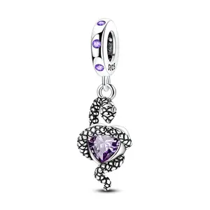 MULA 925 Silver-plated Snake Heart Pendant with Purple Zircon - Symbolizes Love, Protection and Wisdom, Fits Pandora Bracelets and Necklaces - Jewelry Gifts for Women and Girls