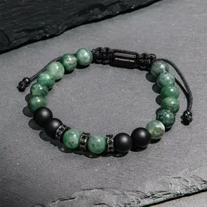 Natural Moss Agate + Black Onyx Stone Braided Warp Men Bracelet - Handmade Adjustable Healing  Gemstone Beaded Bracelet