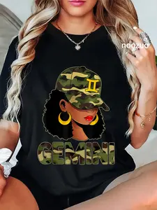 100% Cotton Gemini Queen Camouflage Black Woman Cap Zodiac Sign T-Shirt
