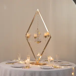 Gold Grand Table Centerpiece with Candle Holders, Diamond Frame 6-Arm Acrylic Candelabra Wedding Table Centerpiece - 45"