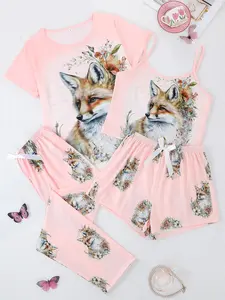 Women's 4-Piece Sleepwear Set, Casual Round Neck Short Sleeve Top & Tank, Shorts & Pants with Bow, Fox Print, All Seasons, Pajama , Loungewear