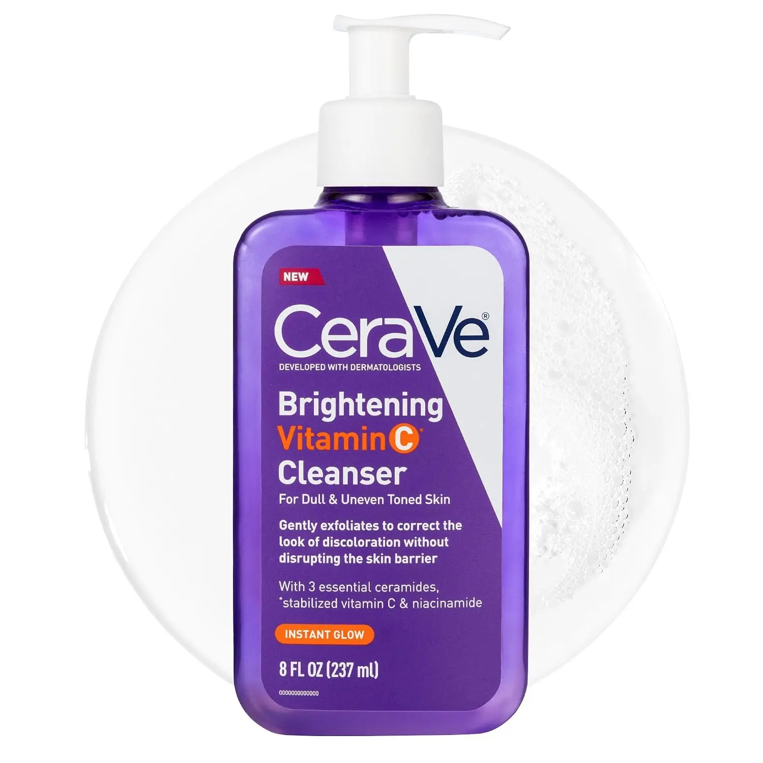 CeraVe Brightening Vitamin C Facial Cleanser for Dull & Uneven Skin Tone with Stabilized Vitamin C, Niacinamide & Ceramides, Hydrating & Exfoliating, Fragrance-Free, Safe for Sensitive Skin, 8oz