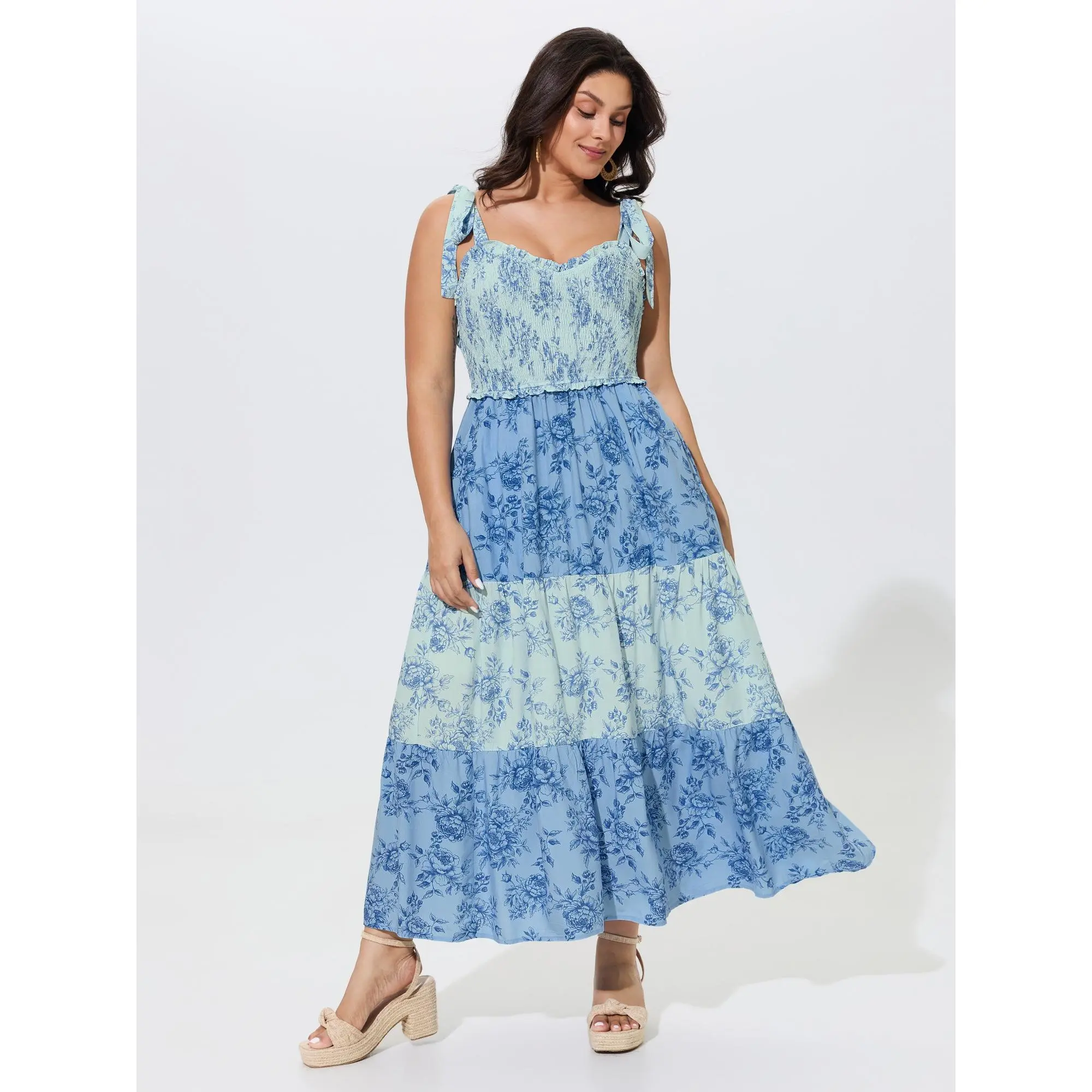 BLOOMCHIC Plus Size Supersoft Floral Print Shirred Tie Shoulder Tiered Maxi Dress[M-6X] 2026 Summerfinds, Women, Bohemian, Smooth, Garment, Casual, Pocket