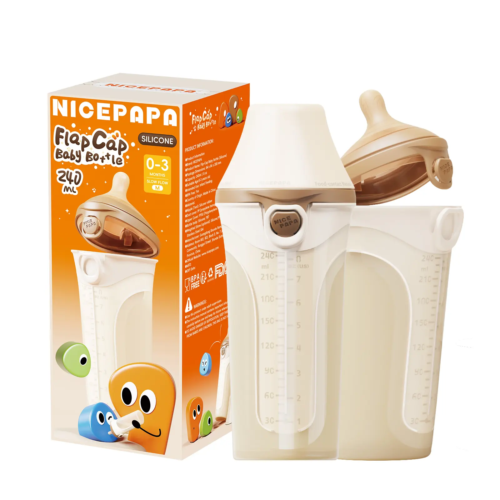 NICEPAPA Leak-Proof Baby Bottle, suitable for newborns, features an anti-colic cap design, an off-center nipple for easy acceptance by babies, and is easy to clean and safe.