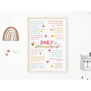 Daily Bible Affirmations for Kids Colorful Poster, Children Bible Verse Wall Art for Kids , Ministry Decor Sunday School