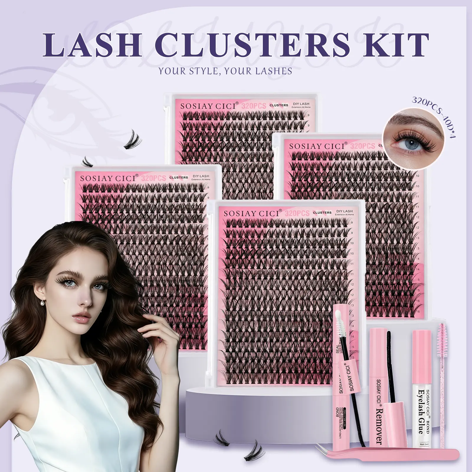 Lash Clusters DIY Lash Extensions Kit 320pcs Individual Lashes Clusters 40D D-Curl Eyelash Extension Kit with Applicator and Lash Bond&Seal, Clusters Lash Glue Remover Tweezers One Clear Glue Mix 9-16mm Best Gift for New Years Makeup Comectic