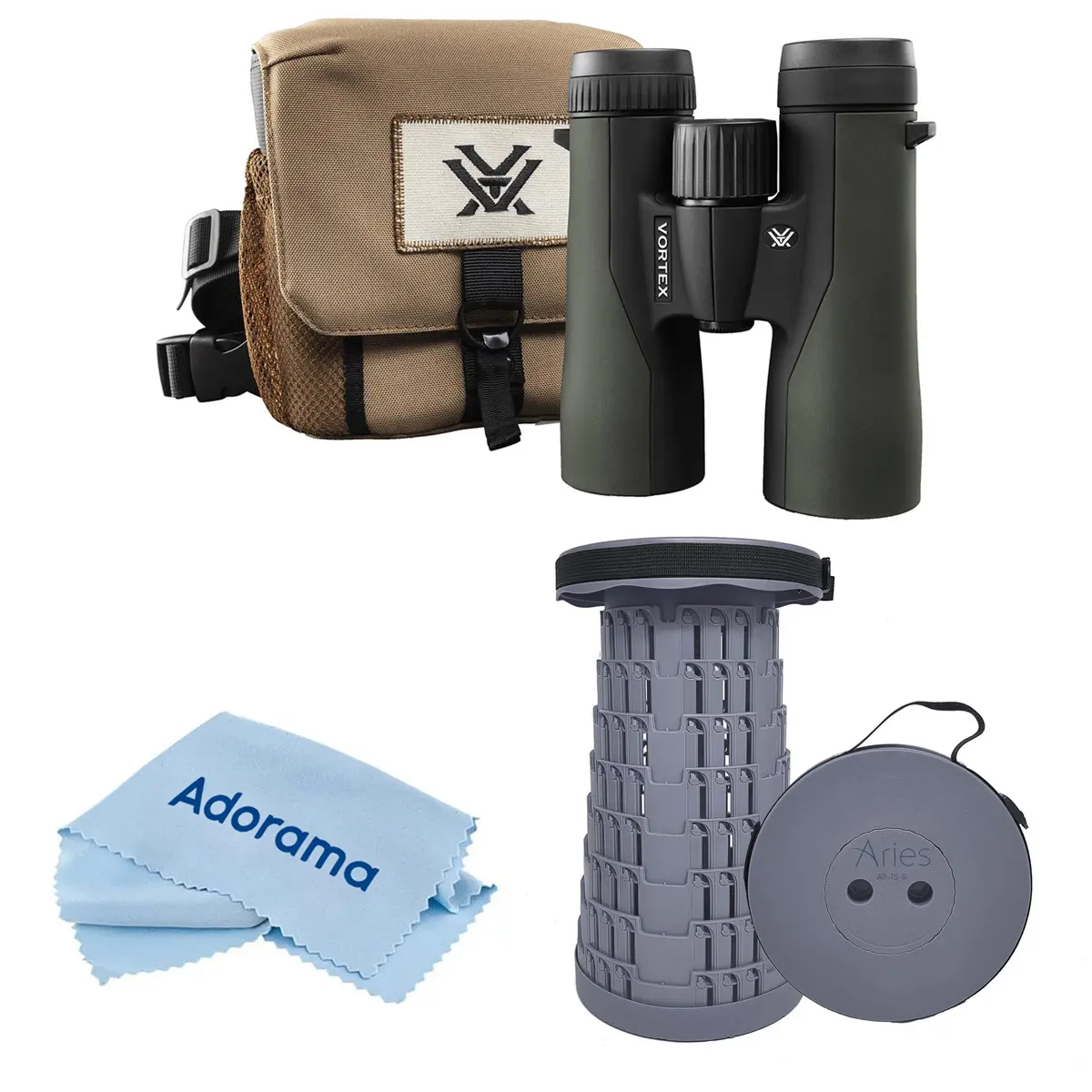 Vortex Optics 10x42 Crossfire HD Roof Prism Binocular with Compact HD Glass, 6.2 Degree Angle of View, Hunting & Outdoor Sports Bundle with Portable Telescoping Stool/Chair, Cleaning Cloth, Unisex