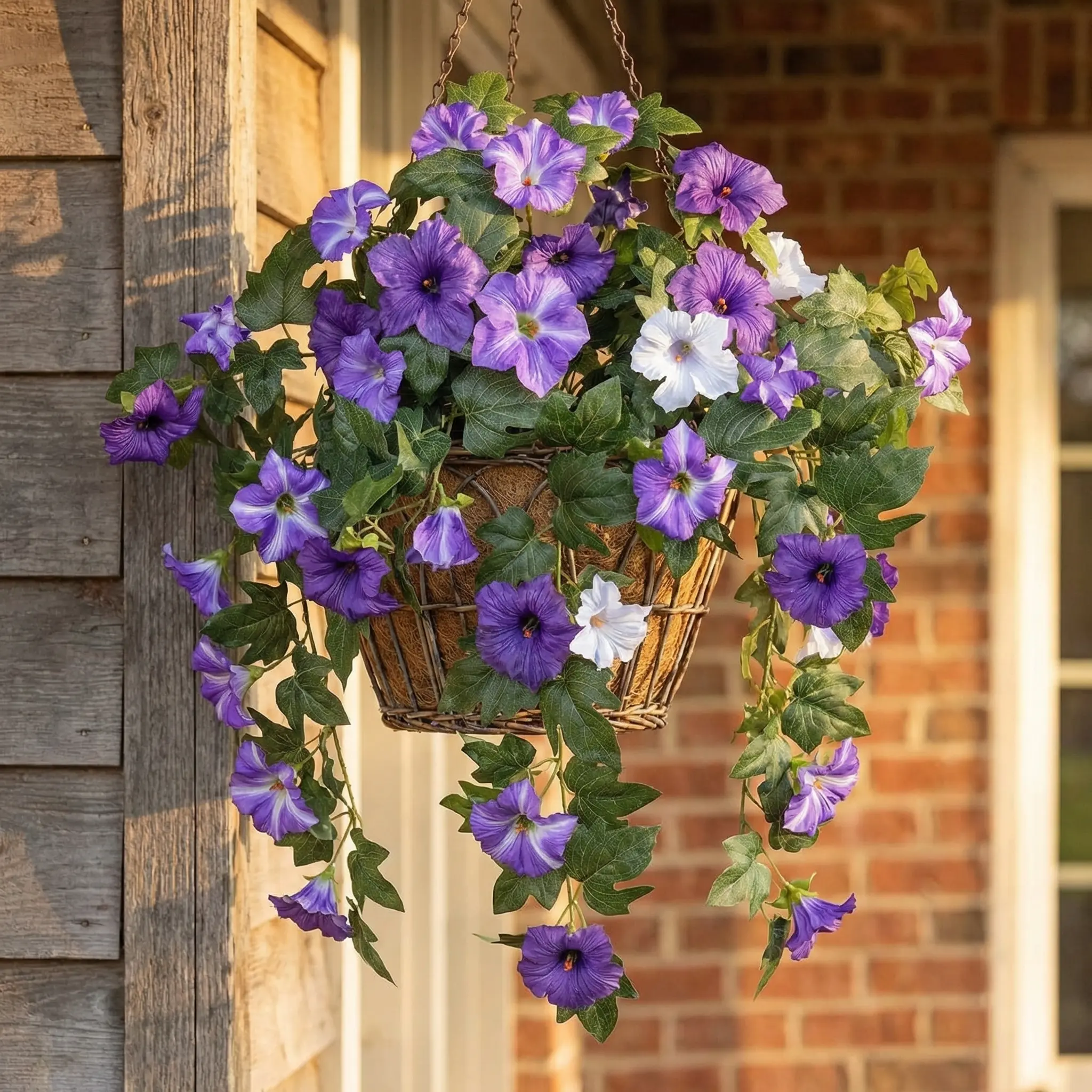 2 Pack Artificial Petunia Flowers, UV Resistant Faux Hanging Plants, Realistic Silk Flowers for Outdoor Baskets, Planters, Patio, Porch, Balcony and Garden Decor, Purple & White Fake Flowers for Pots, Table Centerpieces, Indoor Home Decoration