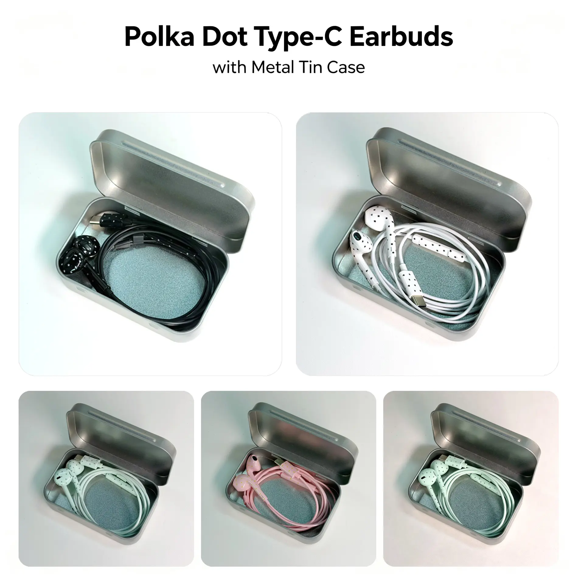 Cute Polka Dot Type-C Wired In-Ear Earbuds, Multi-Use Metal Tin Case Included, Portable Mini Organizer for School, Travel