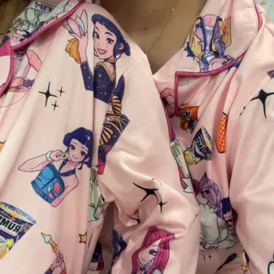 K-Pop Demon Hunter Kids Parent-Child Pajama Set, Cartoon Print Hooded Fitted Short Sleeve Top & Elastic Waist Long Pants, Comfortable Home Wear Nightwear