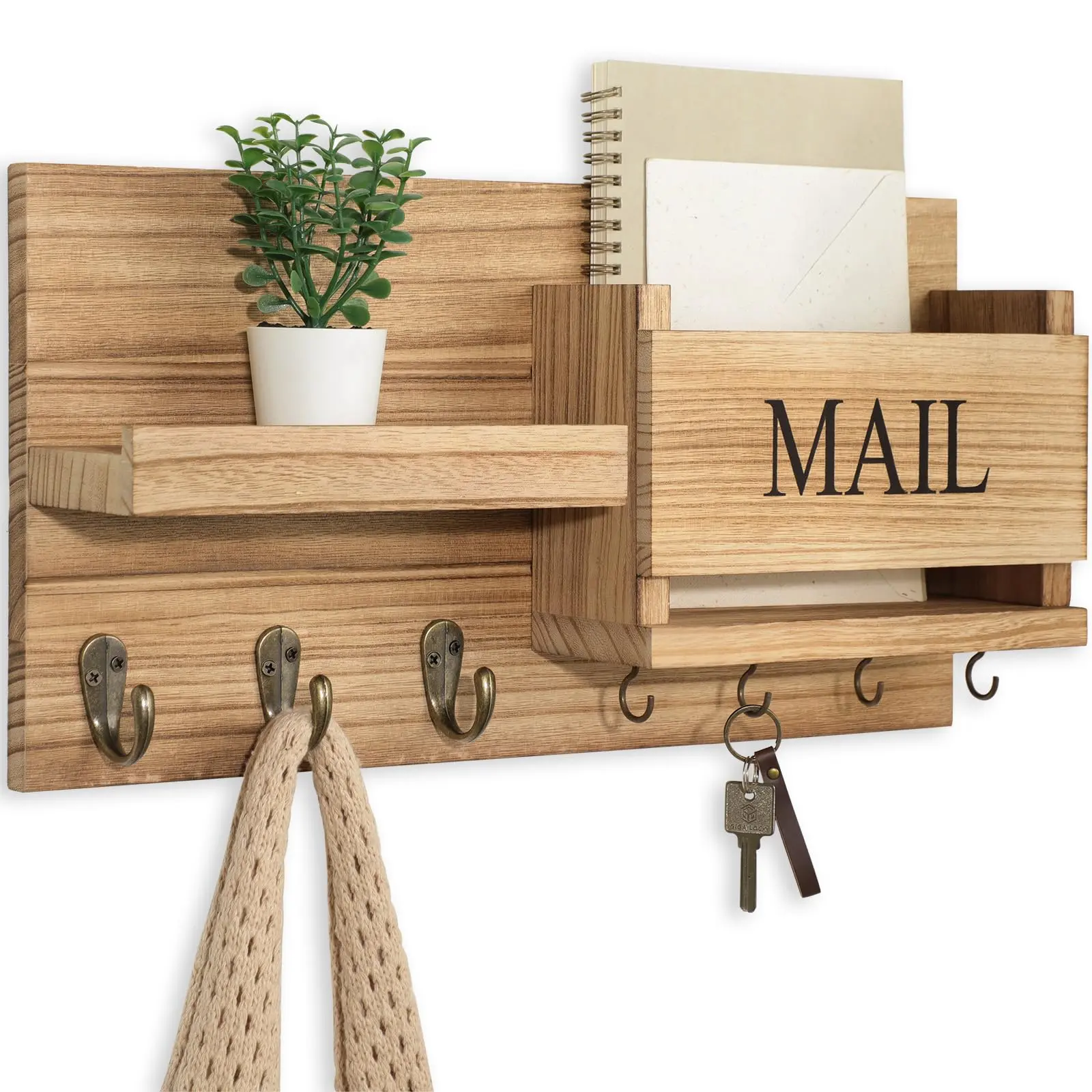Rustic Wood Wall Mount Organizer, Key Holder with Shelf - Includes Letter Holder, Hooks, Shelves for Hallway Farmhouse Home Decor, Room Accessories with Flush Mounting Hardware