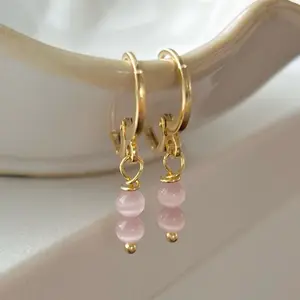 Pink Bead Drop Earrings Light Pink Gemstone Earrings Gold Huggies Silver Huggies Gemstone Hoop Earrings Gift for Bridesmaids Bridal Jewelry