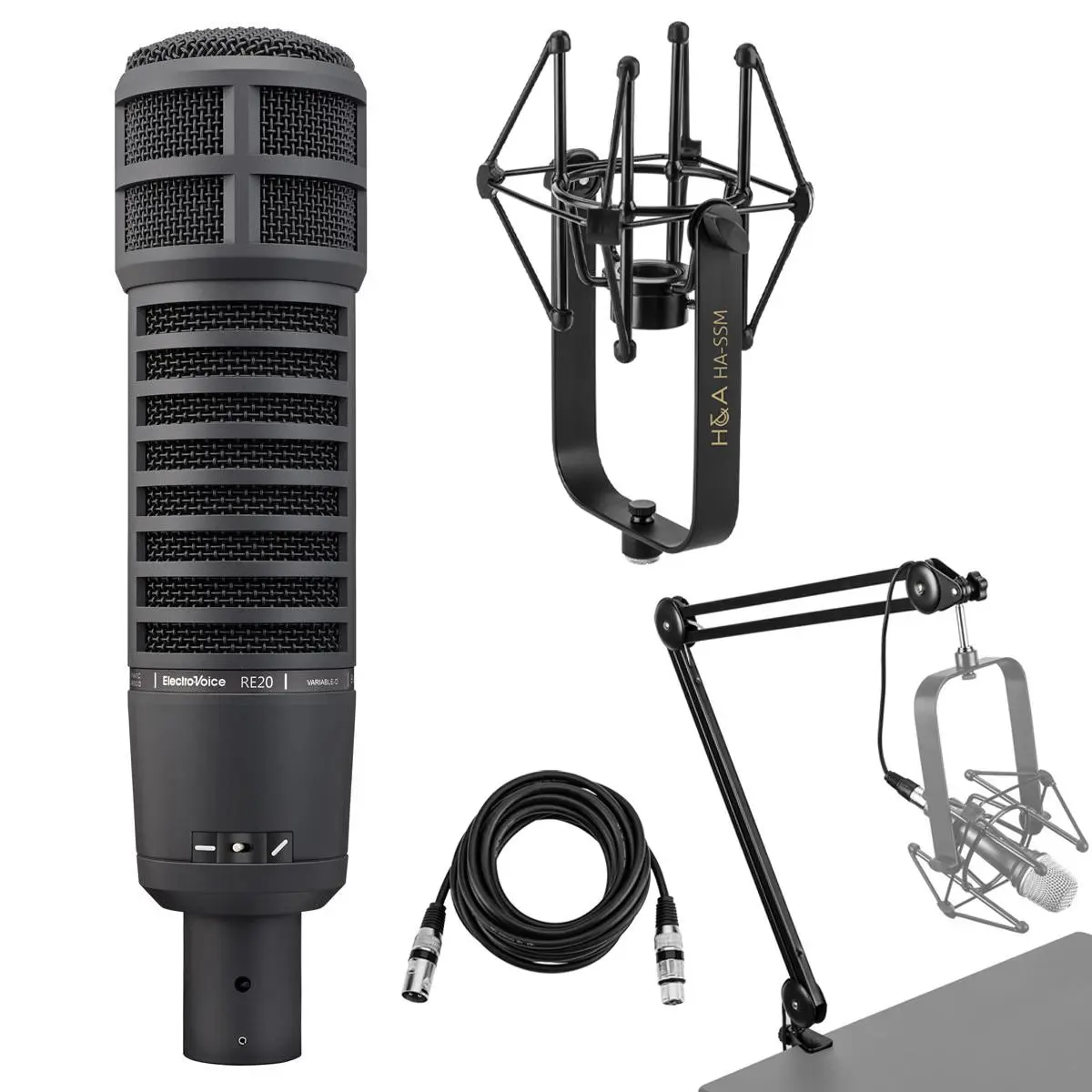 Electro-Voice RE20 Variable-D Dynamic Cardioid Microphone, Black, Bundle with Microphone Suspension Shock Mount, Broadcast Arm and 15' XLR M to F Microphone Cable