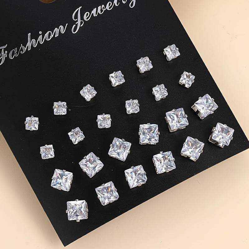 24 Pairs Exquisite Shiny Round Square Shaped Stud Earrings Sparkling Artificial Crystal Inlaid Earrings Set Party Wedding Engagement Anniversary Jewelry Set