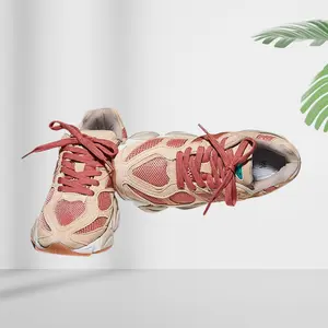 Hot Trend 2026 Unisex Chunky Running Sneakers Pink Mesh & Suede Athletic Shoes with Breathable Cushioning Anti-Slip Sole for Men Women