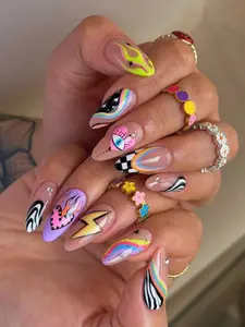 Y2K Funky Press On Nails, Rainbow Swirl Nails with Flame Lightning Evil Eye, Checkerboard Zebra Retro Nails