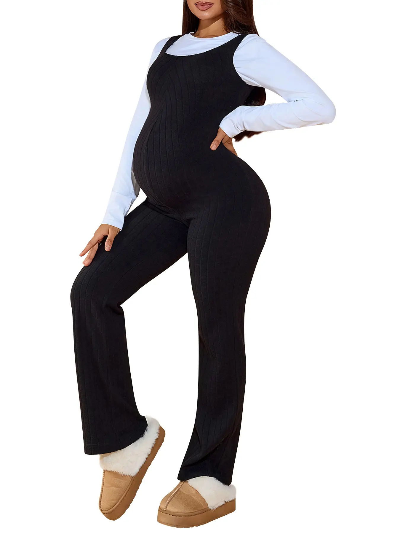 Maternity Ribbed Knit Jumpsuit for Pregnant Women, Stretchy Sleeveless Overalls with Back Support Bands & Flexible Fit, Soft One-Piece Long Pants for All-Day Comfort, Maternity Clothes, Prenatal Maternity Clothing, Pregnancy Clothes