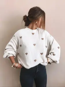 Women's Heart Pattern Loose Sweater, Cream Color Round Neck Pullover with Hearts, Cute Lantern Sleeves Knit Top, Casual Valentine's Day Knit Set, Long Sleeves