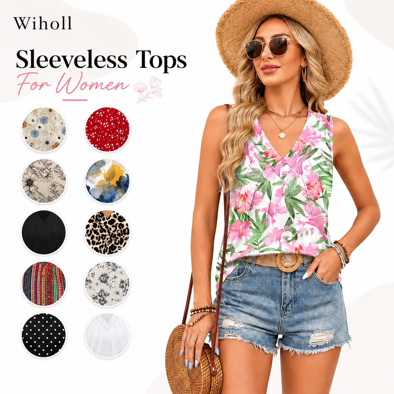 Wiholl Tank Tops for Women Loose Fit Sleeveless Shirts V Neck Summer Clothes Ruched Women's Tees and Tanks Straight Hem Vneck