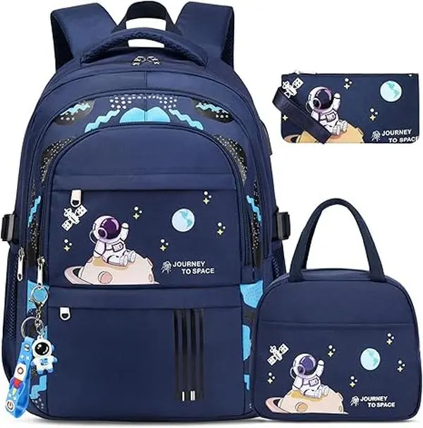 SIMILOVE Boys' Waterproof Lightweight 3-Piece School Backpack Set - Adjustable Shoulder Straps, Exquisite Astronaut Pendant, Warm Lunch Box, Pencil Case, Backpacks for School, Headset Port, Zip Pocket, Party Gift, Kid Stuff For Boys