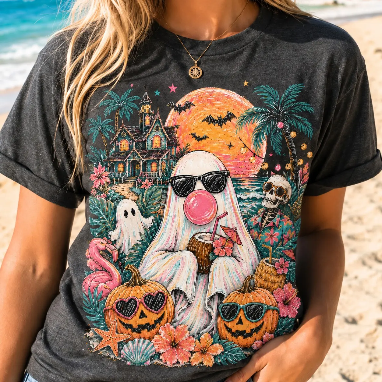 Comfort Colors Summerween Beach Ghost Tshirt, Summer Bubblegum Ghost Tropical Halloween Shirt, Spooky Summer Vibes Graphic Tee