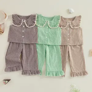 PYBCVRRD 2Pcs Toddler Baby Girls Summer Outfits Set Sleeveless Doll Collar Plaid Print Vest Tops and Pants Clothes Set 1-5 Years