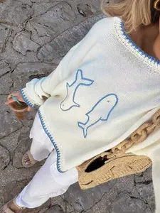 Sweet Casual Fashion Round Neck Colorblock Embroidered Long Sleeve Sweater for Women, Cartoon Dolphin Design, Perfect for Daily Wear