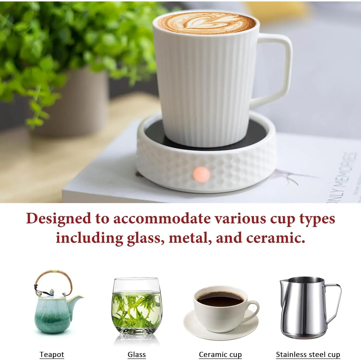 Comparison Example: Another Style of Electric Warmer Plate Example of a different white ceramic electric warmer plate listed on TikTok Shop, shown with a mug