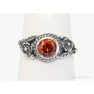 Vintage Orange Gemstone Southwestern Sterling Silver Ring - Size 2