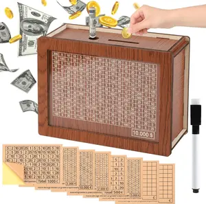 Vongem 10000 Savings Challenge Box, Wooden Money Box for Cash, Money Saving Box with Couting Target, Piggy Bank for Adults Kids, Coin Bank for Boys and Girls, Wooden Cash Savings Box for Savings Goal QCD-5-1