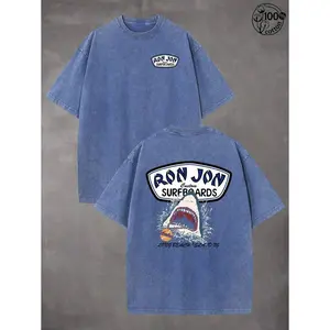 Shark Surfing Pattern Men's Summer Crew Neck Short Sleeve T-Shirt, Unisex, 230G Washed Cotton, High-Quality Double-Sided Print, Comfortable Fashion Retro Street Style, Ideal for Outdoor Sports, Beach Travel & Leisure, Perfect Gift subtle anime clothing