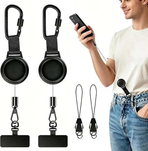 2-Set Steel Cable Retractable Mobile Phone Tether with Locking Carabiner - Outdoor Anti-Theft Lanyard Accessories, Universal Strap for Drop Protection (Skiing, Hiking Use)