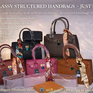 Elegant Structured Handbags with Textured Leather Finish and Scarf Handles Perfect for Work Brunch and Events Available in Black Brown Bordeaux Pink and Gray