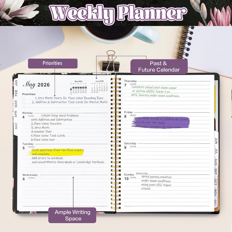 2026 Weekly and Monthly Planner, Dark Romantic Notebook, featuring floral and skull patterns, perfect as a New Year's holiday gift.  Hardcover calendar, A5 size, includes labels, stickers, and a back pocket.