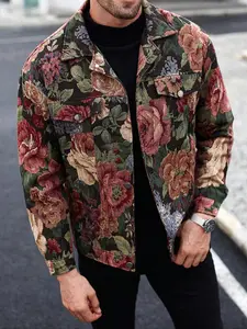 Men's Floral Print Button Front Varsity Jacket, Regular Fit Casual Fashion Comfy Long Sleeve Outerwear for Daily Outdoor Wear, Men Clothing for Spring, Floral Jacquard Jacket, Coats