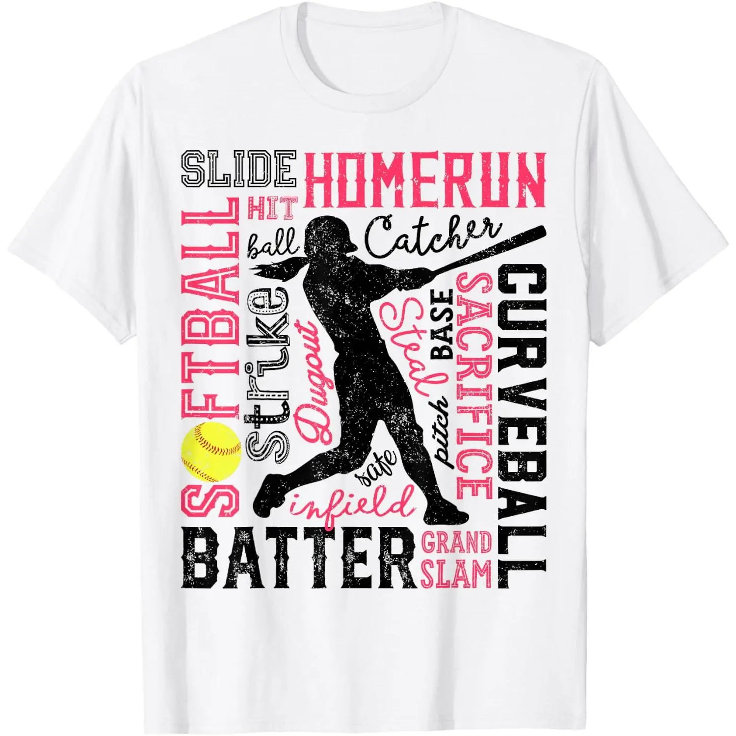 Softball Typography Word Art Funny Batter Pitcher Catcher T-Shirt
