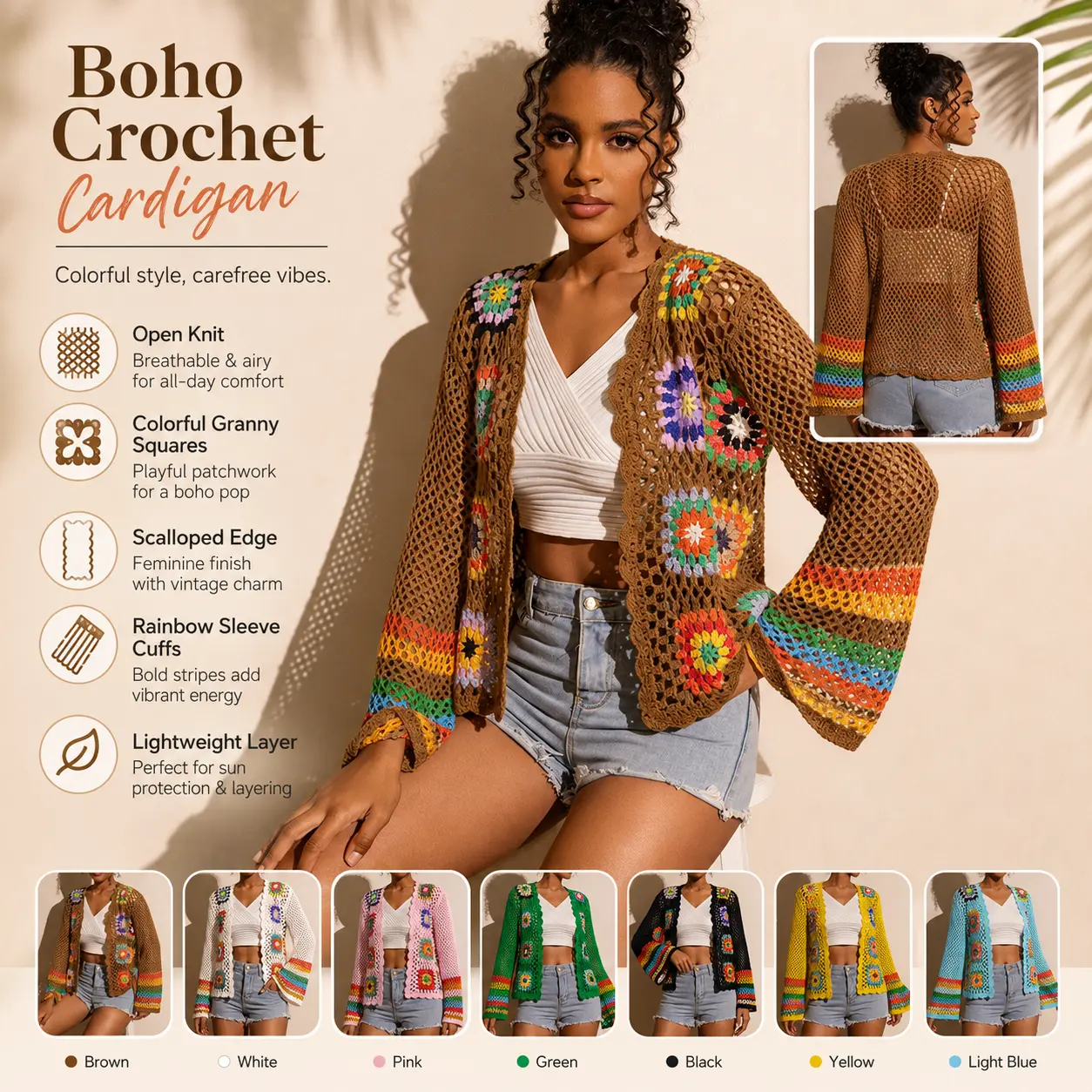 Women's Boho Crochet Open-Front Cardigan, Colorful Granny Square Hollow-Knit Jacket, Scalloped Edge Rainbow Bell Sleeve Lightweight Sports Outerwear Cover-Up (7 Colors)