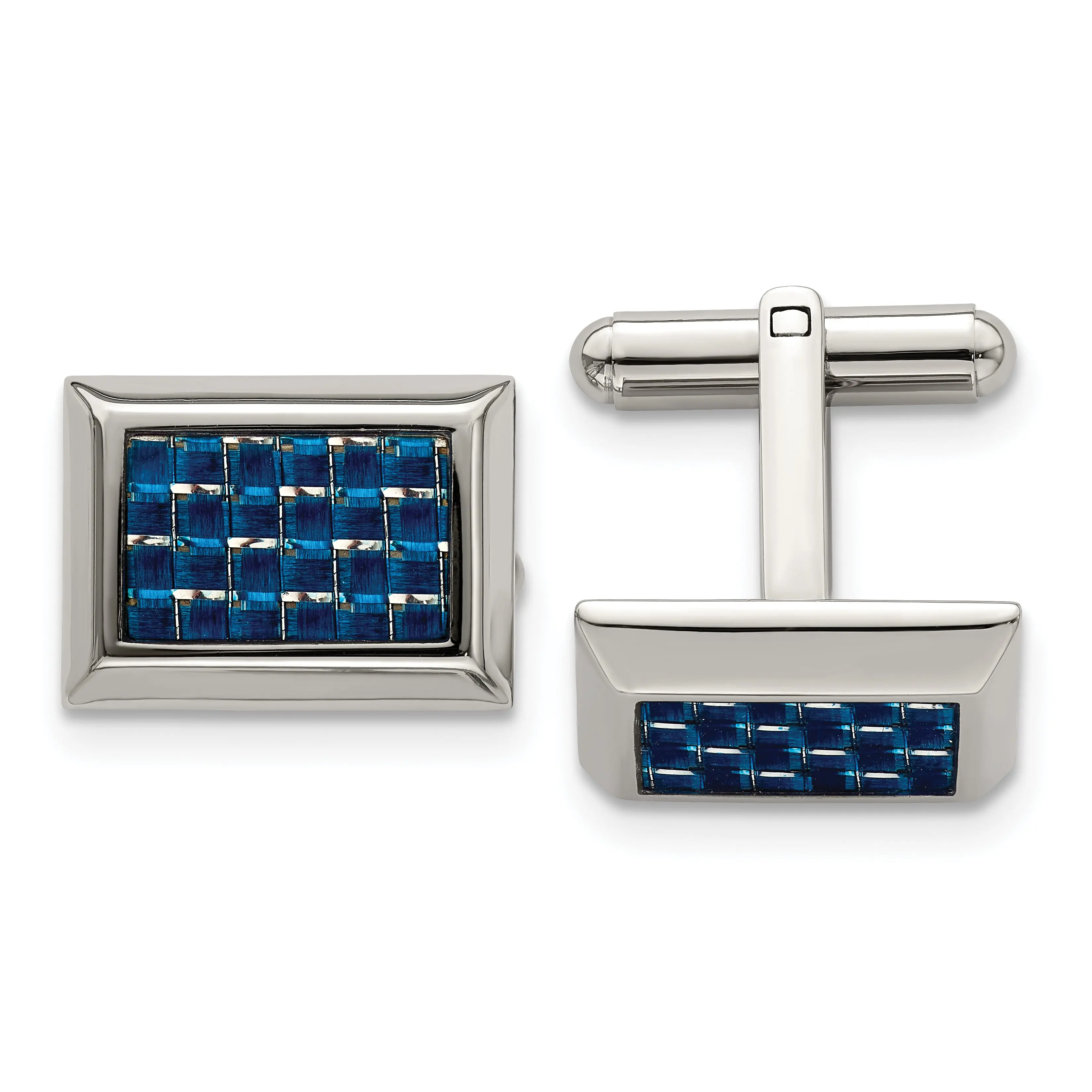 Stainless Steel Cufflinks with Blue Carbon Fiber Inlay Polished Finish Gift Ready