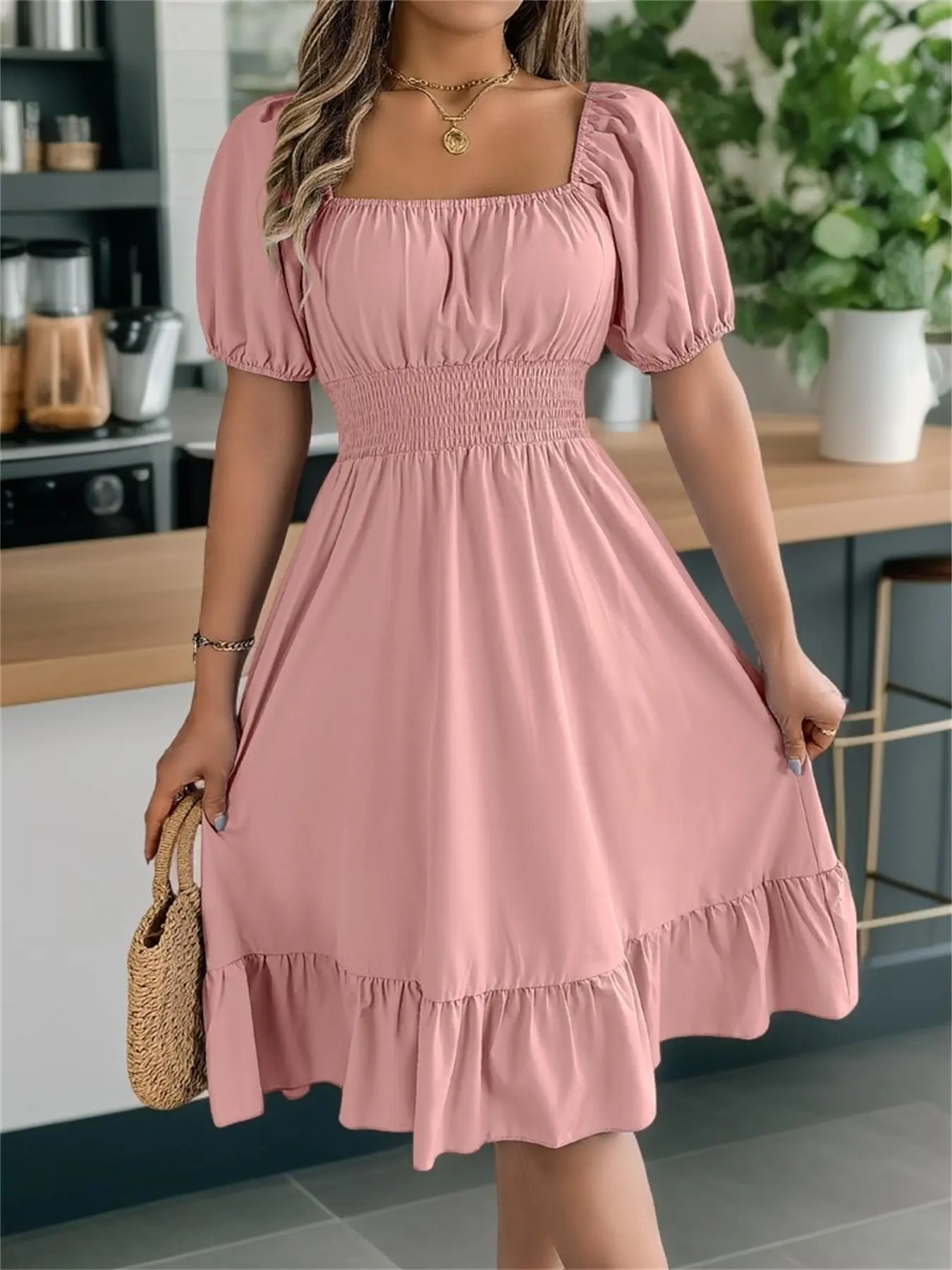 Women's Plain Ruffle Hem Shirred A Line Dress, Casual Fashion Dress, Casual Puff Sleeve Square Neck Knee Length Dress for Summer, Women's Clothing for Daily Wear - TikTok Shop Women's Plain Ruffle Hem Shirred A Line Dress, Casual Fashion Dress, Casual Puff Sleeve Square Neck Knee Length Dress for Summer, Women's Clothing for Daily Wear - TikTok Shop