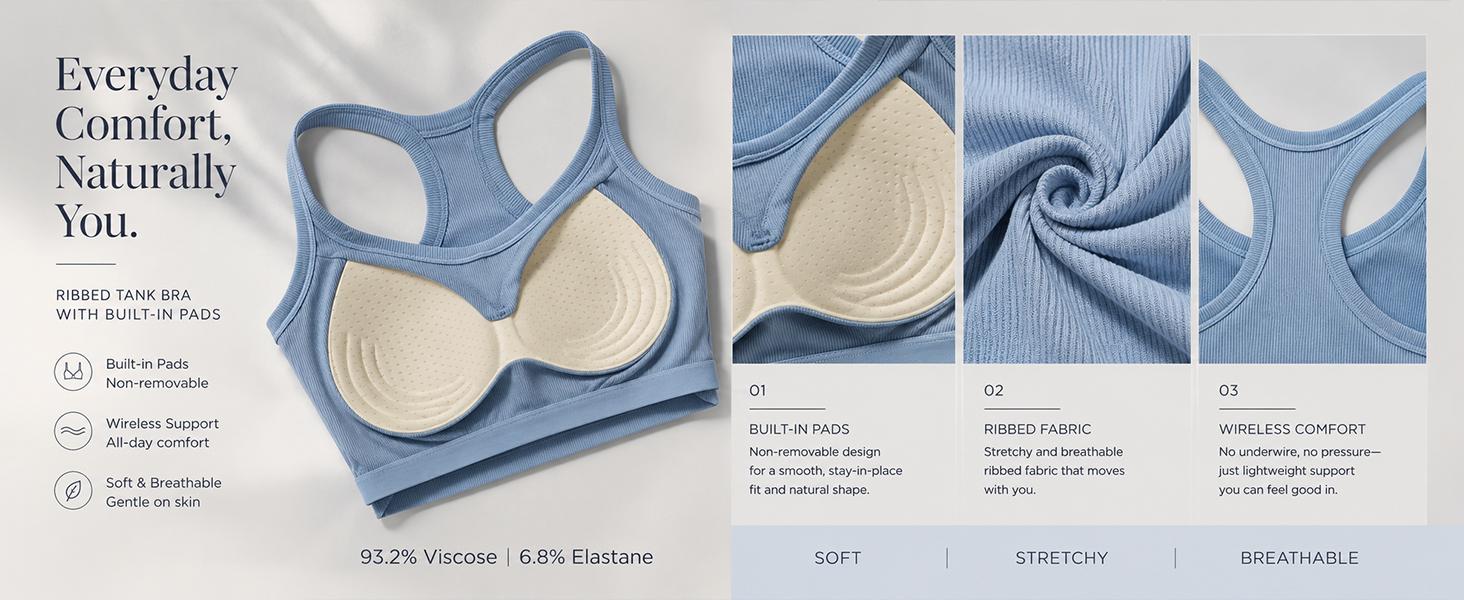 EssElegance Built in Bra Tank Top for Women | Ribbed Racerback Cropped Camisole with Removable Pads | Wireless Supportive Workout Yoga Top | Stretchy Athletic Basics Sleeveless Tee | Going Out Everyday Summer Essential Bra Cami Multi Color high elasticity