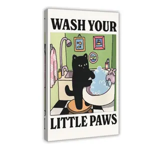 Wash Your Paws Green Cat Print, Cute Bathroom Poster, Wash Room Childrens Washing Up Posters, Kawaii Prints Decor, Unique Cats Art Decoration Artistic