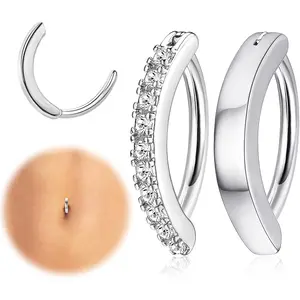 Fansilver 2 count 14G Clicker Belly Button Ring for Women Surgical Steel CZ Opal Belly Ring Simple Reverse Navel Rings Body Jewelry