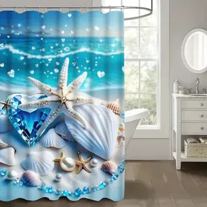 Luxury Crystal Starfish Bath Curtain, Blue Diamond Heart Shell, Waterproof Bathroom Divider Decor, Wall Mounted, Modern Style