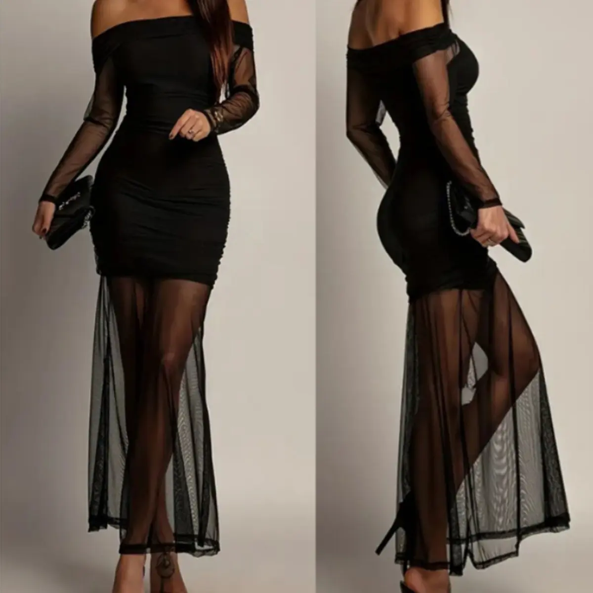 Florboom Women's Sexy Off Shoulder Sheer Mesh Maxi Dress Long Sleeve Ruched Bodycon Slim Fit See Through Tulle Y2K Mob Wife Aesthetic Elegant Evening Gown Cocktail Dress Party Clubwear Night Out Date Night Birthday Vacation Outfit