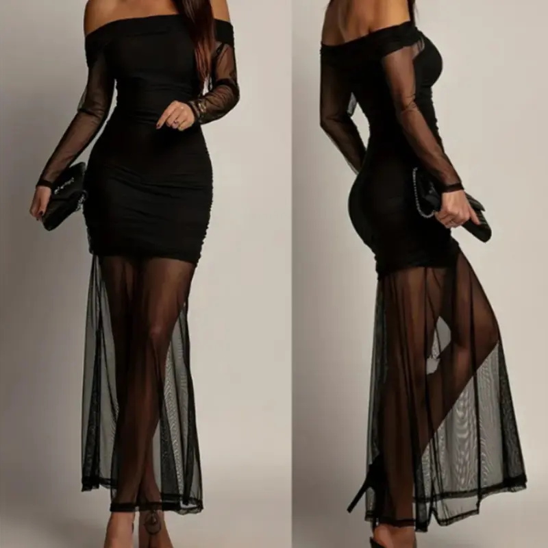 Florboom Women's Sexy Off Shoulder Sheer Mesh Maxi Dress Long Sleeve Ruched Bodycon Slim Fit See Through Tulle Y2K Mob Wife Aesthetic Elegant Evening Gown Cocktail Dress Party Clubwear Night Out Date Night Birthday Vacation Outfit
